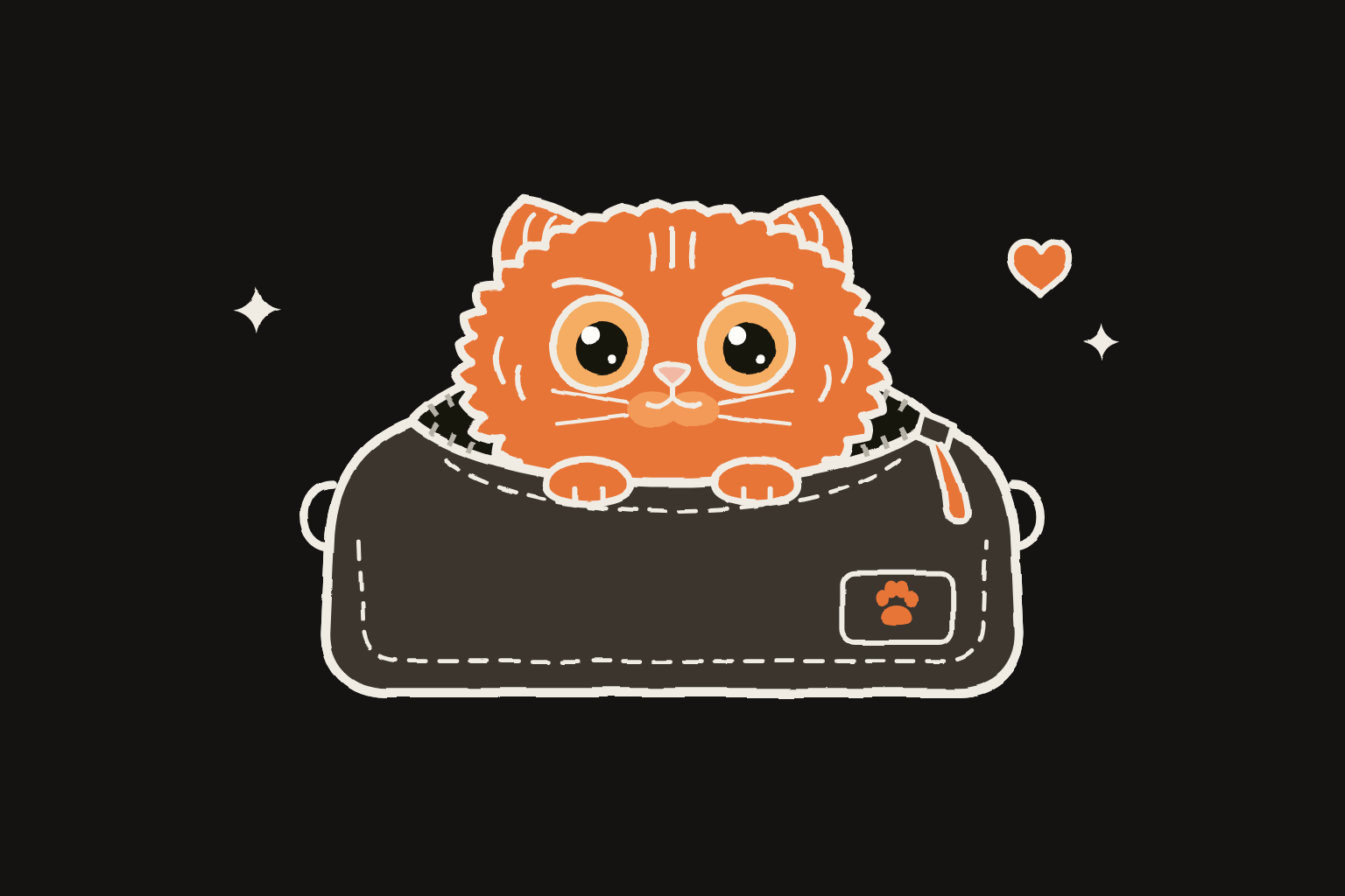 A hand-drawn ginger Persian cat peeking out of a zipped bag
