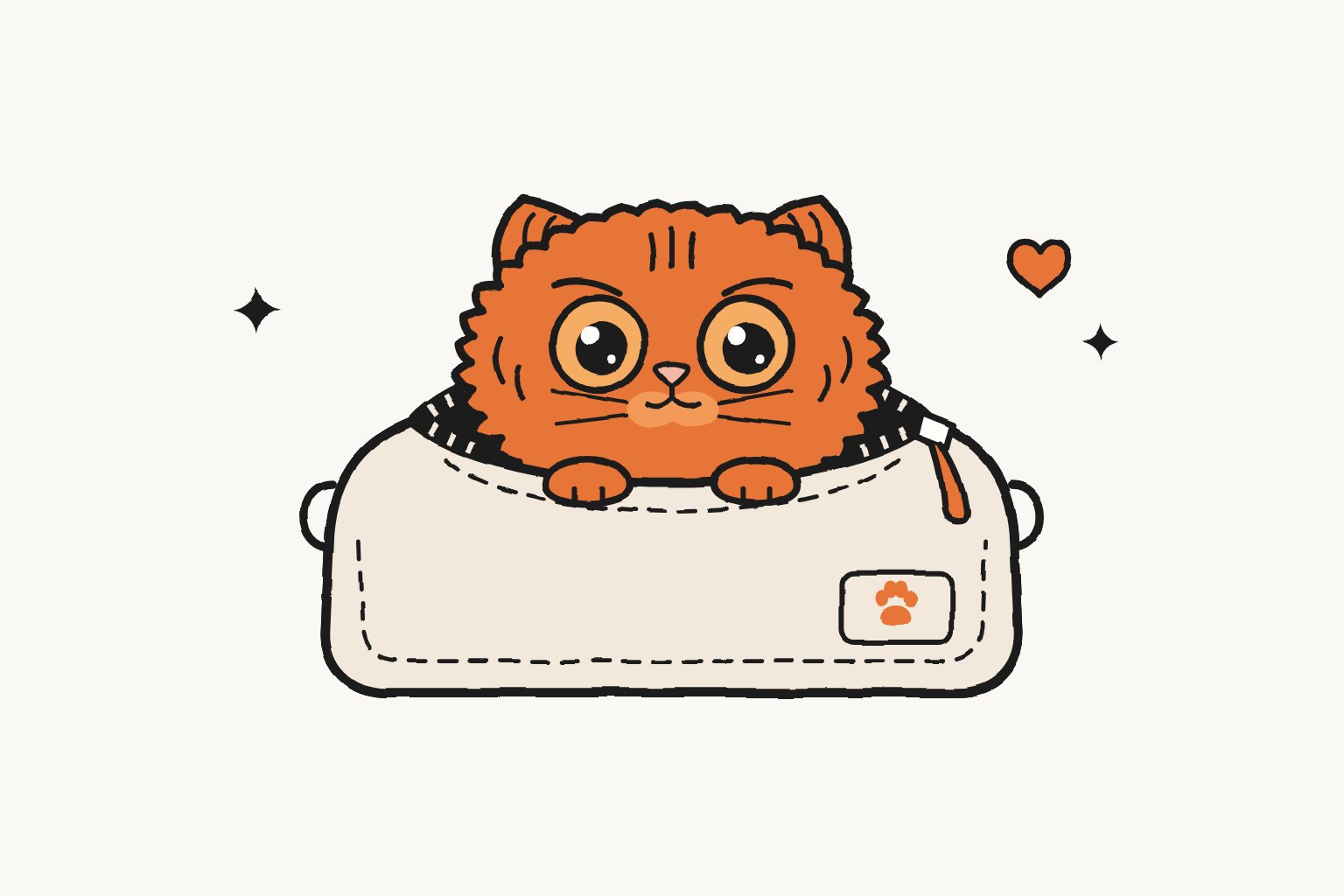 A hand-drawn ginger Persian cat peeking out of a zipped bag