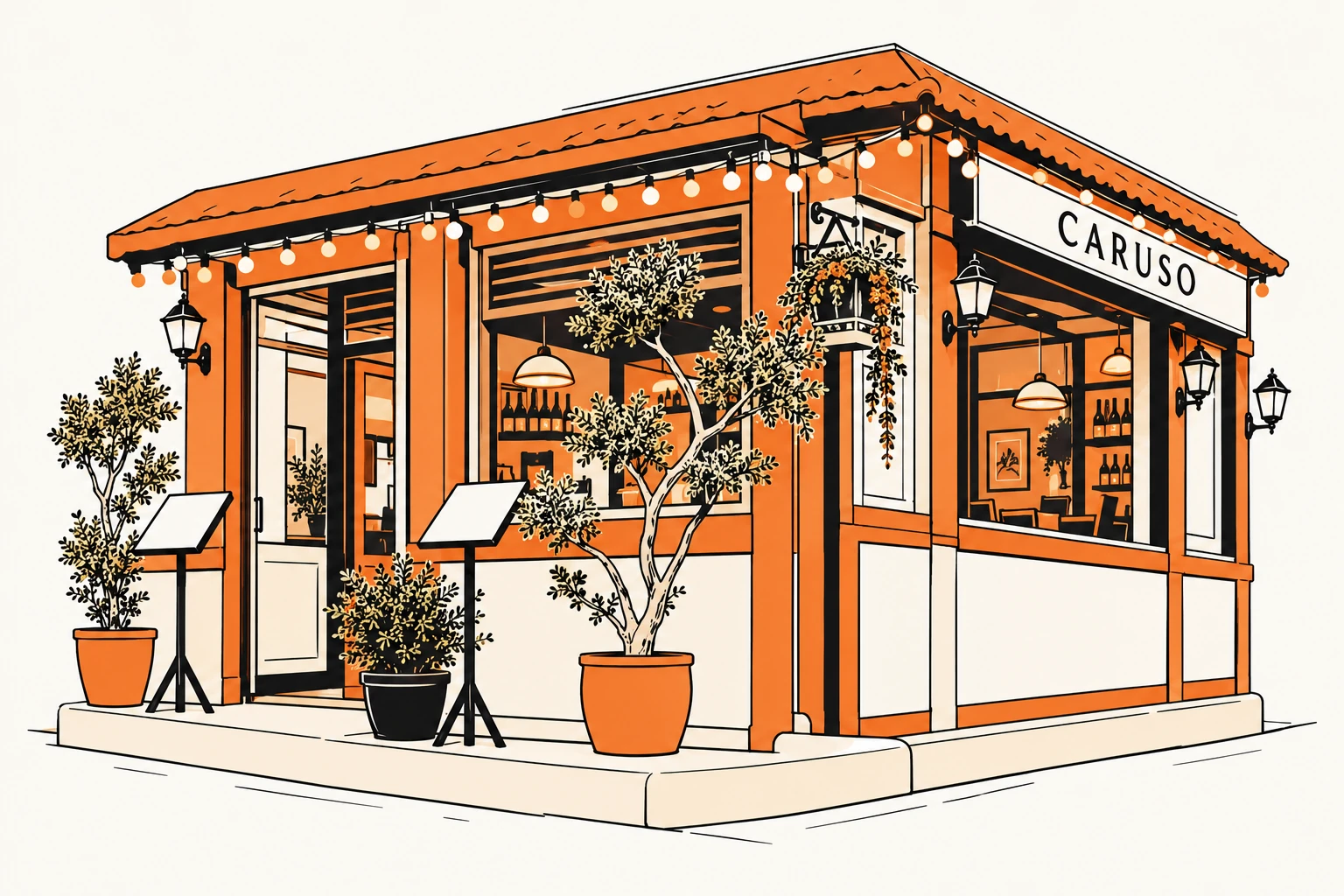 The Caruso restaurant reimagined in black ink with orange accents