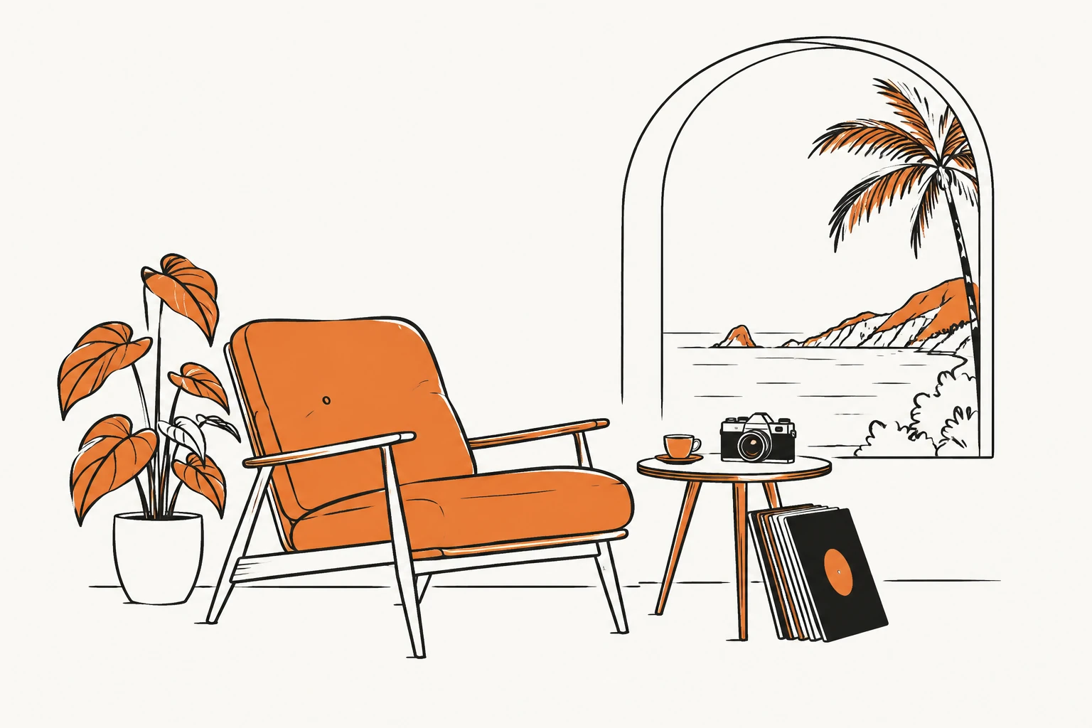 Illustration of an orange armchair, a camera, records and an espresso beside a window overlooking the sea