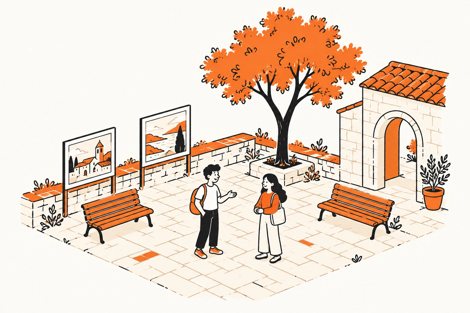 Illustration of a virtual plaza with benches, a tree and two people meeting