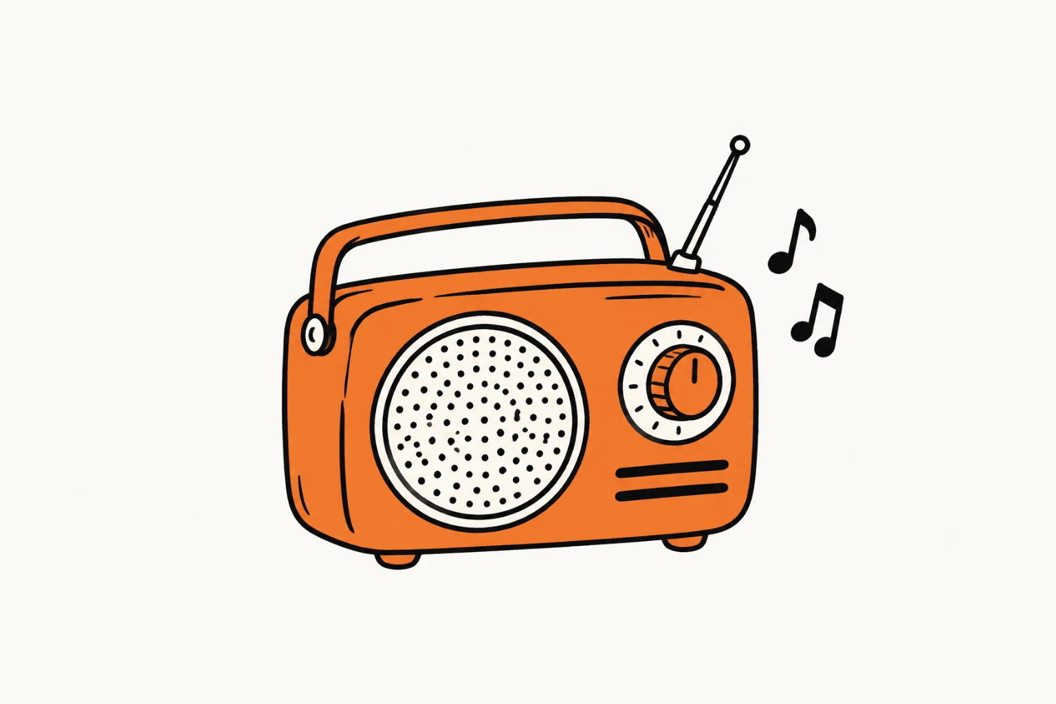 A hand-drawn orange radio with two musical notes